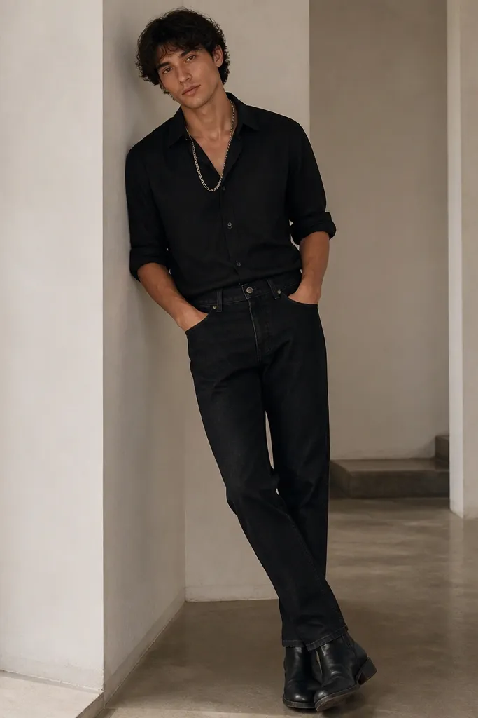 A black button-down shirt with sleeves rolled above the elbow, paired with straight dark jeans. A thick rope chain hangs over the shirt and black boots complete the look.