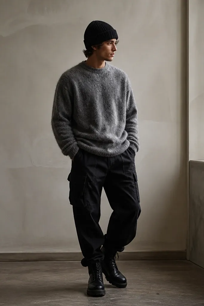 A grey mohair blend sweater with visible texture over black cargo pants. A black beanie covers the head and black boots finish the outfit.