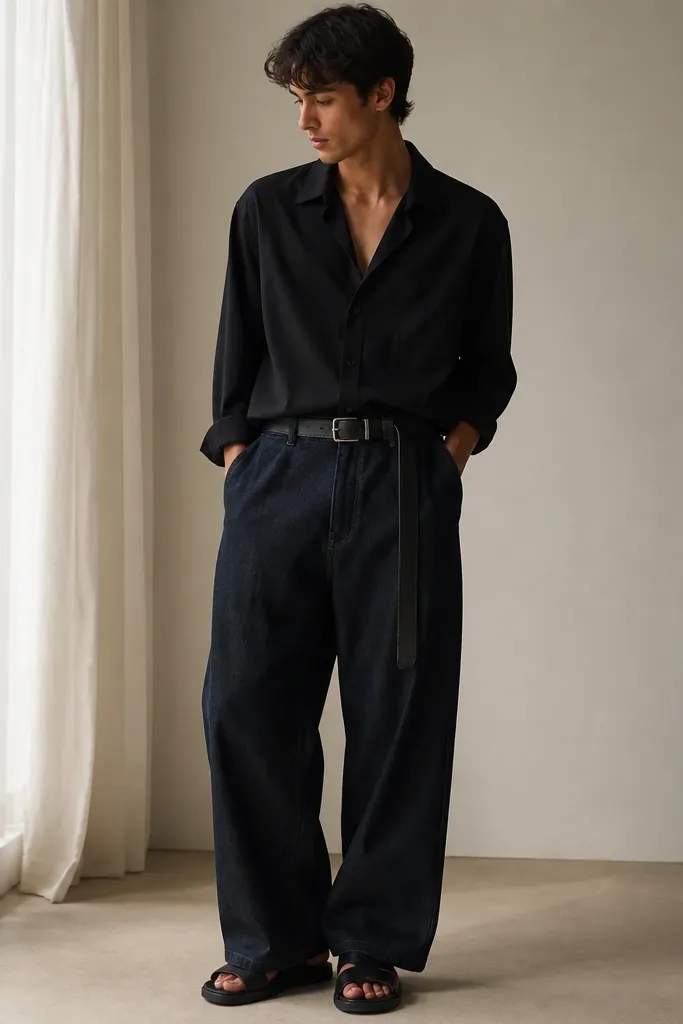 A black rayon shirt with a soft drape tucked into wide-leg dark denim. A leather belt is looped with extra length hanging slightly, plus black sandals or boots.
