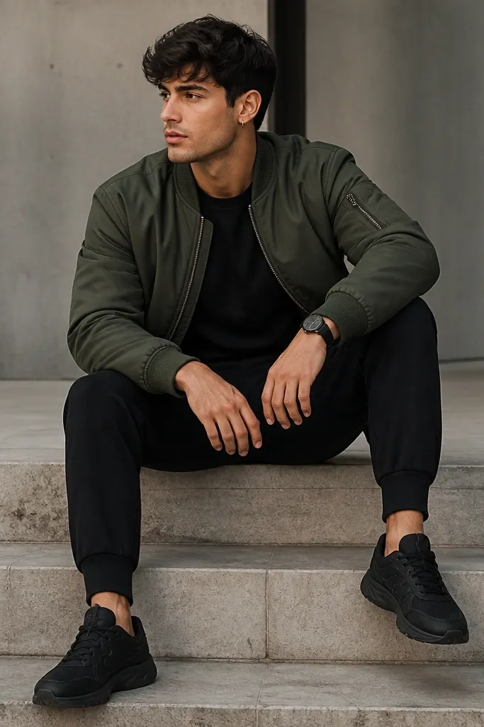 A dark green bomber jacket over a black tee. Black tapered joggers and black sneakers, with a watch and small hoop earring.