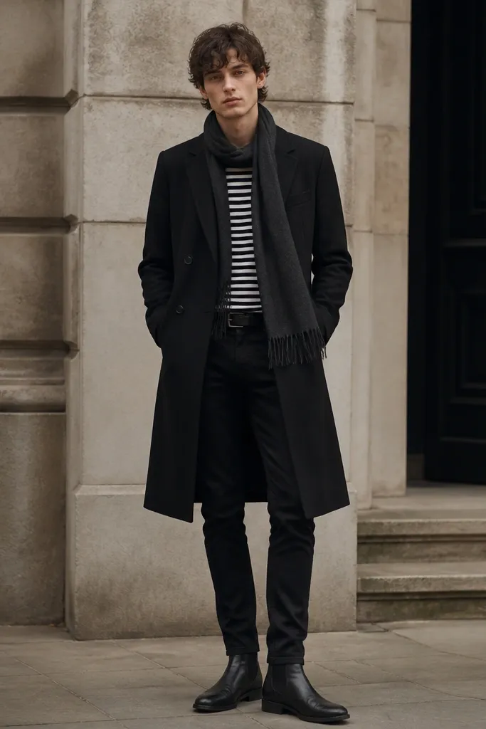 A black overcoat worn over a black-and-white striped long sleeve. A dark scarf with fringe ends hangs at the neck, paired with black jeans and boots.