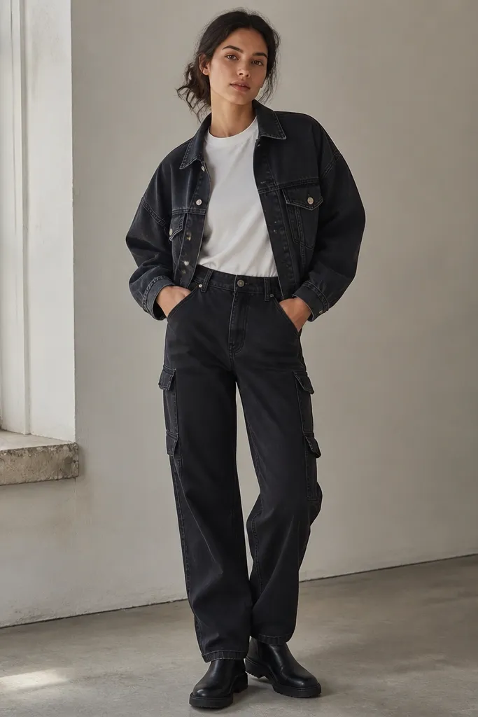 White tee tucked into black carpenter pants with visible utility pockets. A cropped oversized denim jacket in dark wash sits above, with black boots.