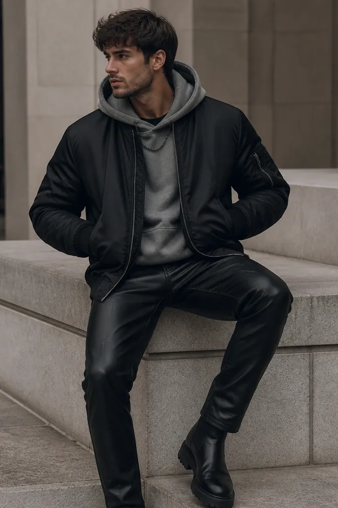 A grey hoodie under a black bomber jacket, paired with black leather pants. Black boots and a matte chain necklace complete the look.