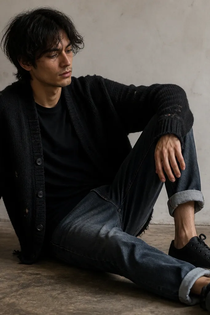 A black tee under a distressed knit cardigan in black with visible worn cuffs. Straight jeans with rolled hems and black sneakers.