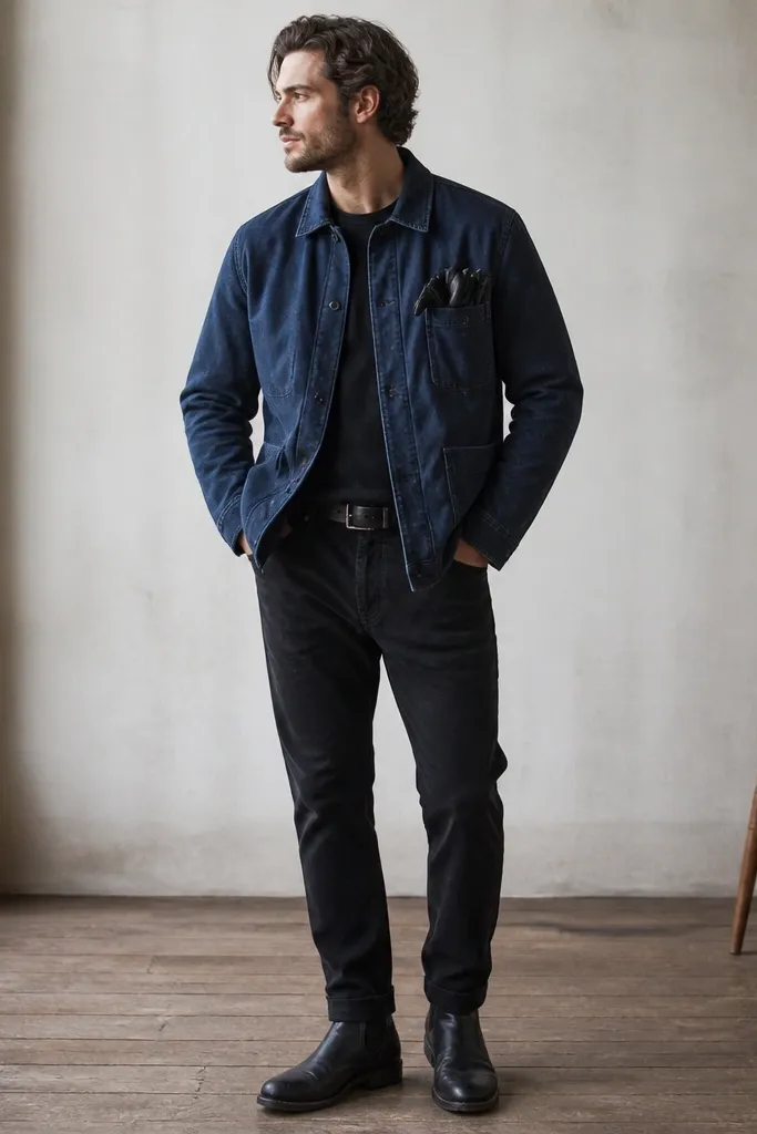 A faded navy overshirt with a worn texture over a black tee. Black jeans and black leather gloves tucked into the coat pocket, with boots.