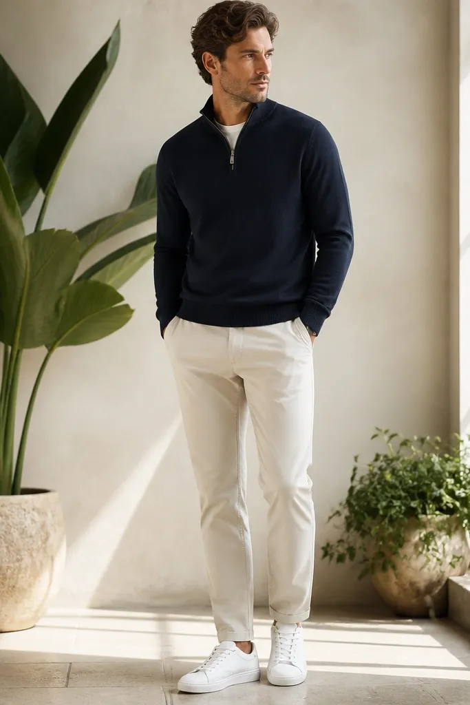 A navy quarter zip sweater laid over a light cream chino set, styled with white low-top sneakers; the background shows potted green leaves and soft window light.