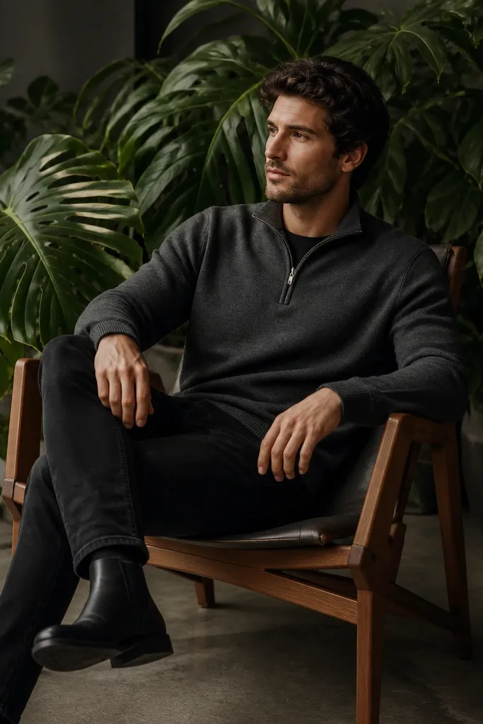 A charcoal quarter zip sweater paired with black denim jeans and black Chelsea boots; green plant leaves fill the background, with a moody indoor lighting vibe.