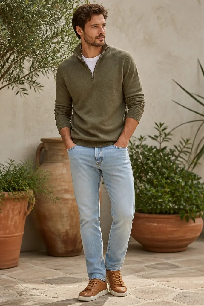 An olive quarter zip sweater over a white tee, with light wash jeans and tan leather sneakers; potted plants and terracotta planters appear behind the outfit.