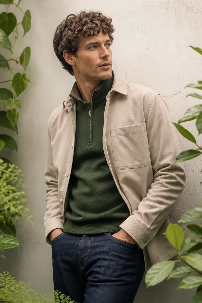 A forest green quarter zip worn under a stone-colored overshirt, paired with dark indigo jeans; green plants frame the scene like a garden corner.
