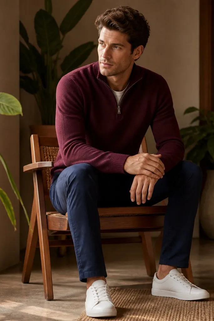 A burgundy quarter zip sweater paired with navy chinos and white leather sneakers; the background has green plants and warm indoor light.