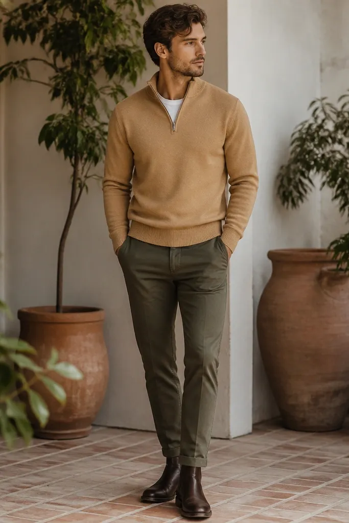 A camel quarter zip sweater worn with olive tapered pants and dark brown leather boots; terracotta pots and leafy plants are visible in the background.