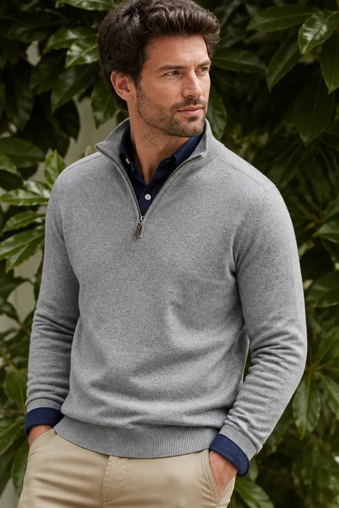 A heather gray quarter zip layered over a navy Oxford button-down, with beige work pants; green leaves sit behind the outfit with natural daylight.