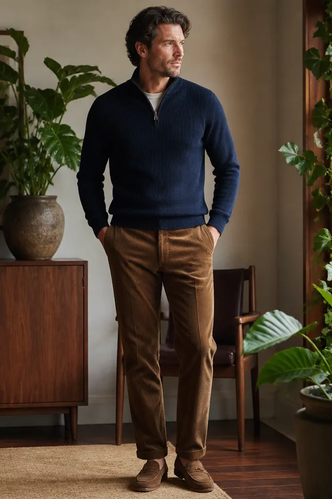 A navy quarter zip sweater with brown corduroy chinos and suede loafers; green plants and warm wood tones appear behind the outfit.