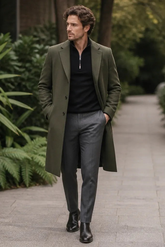 A black quarter zip under a long olive overcoat with gray tapered trousers; green plants and a walkway scene are behind the outfit.
