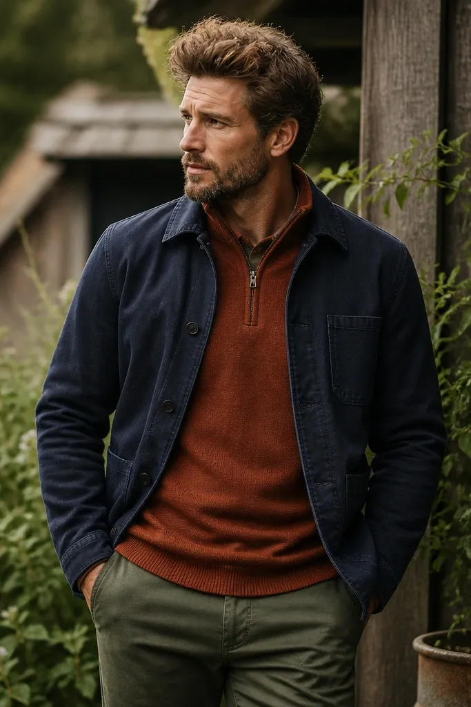 A rust quarter zip sweater under a navy chore jacket, paired with dark olive pants; green plants and a rustic outdoor background appear.