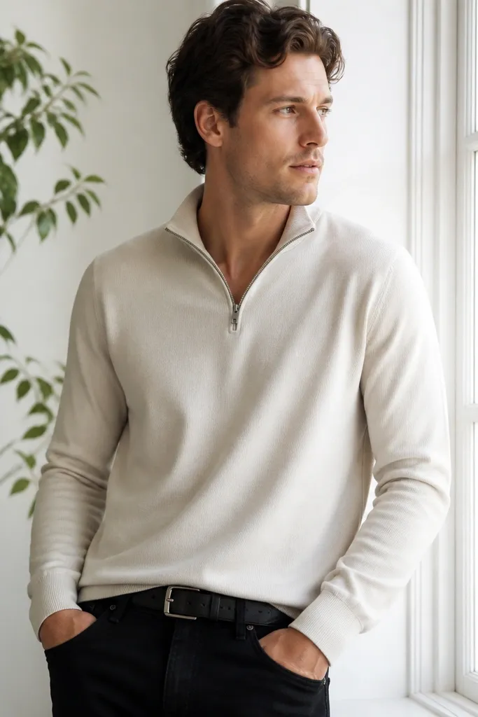 A cream quarter zip paired with black jeans and a simple black leather belt; green leaves and a window light background are visible.