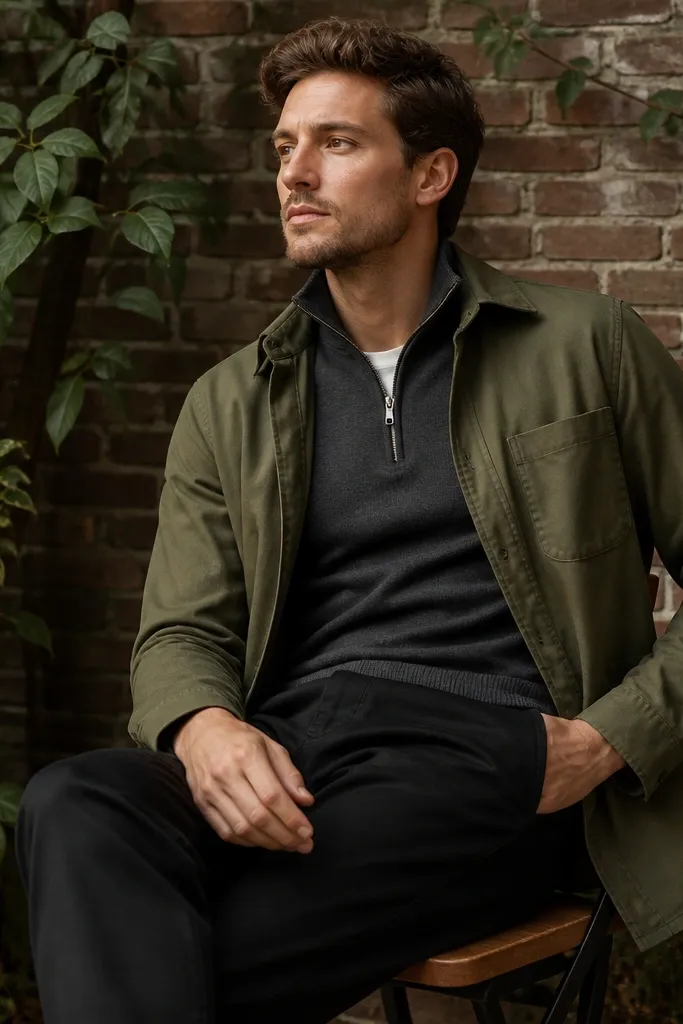 A charcoal quarter zip under an olive overshirt with black chinos; the background includes leafy plants and a brick wall.