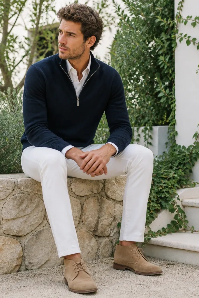 A navy quarter zip with a white denim shirt underneath, white denim pants, and tan suede chukka boots; green plants and bright outdoor light appear.