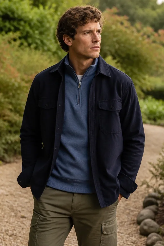 A slate blue quarter zip under a navy overshirt with olive cargo pants; green plants and outdoor gravel path are behind.