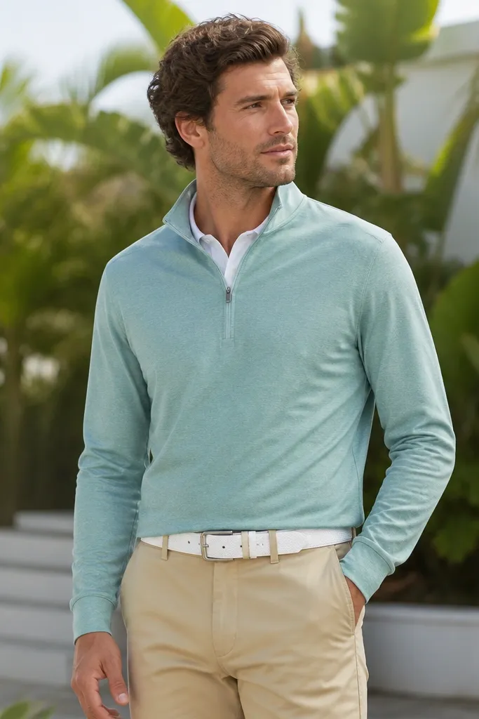 A seafoam quarter zip paired with tan chinos and a white leather belt; the background shows lush green plants and bright daylight.