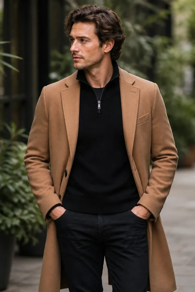 A black quarter zip sweater under a camel overcoat with dark jeans; green plants and a walkway scene are in the background.