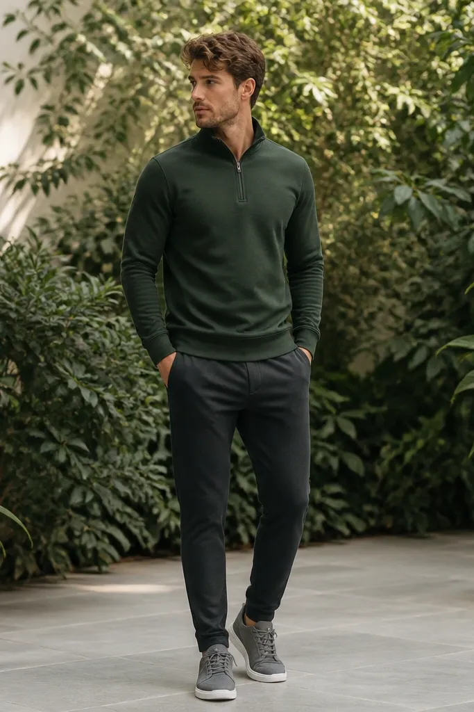 A pine green quarter zip paired with structured charcoal joggers and gray sneakers; green plants fill the background with soft outdoor light.