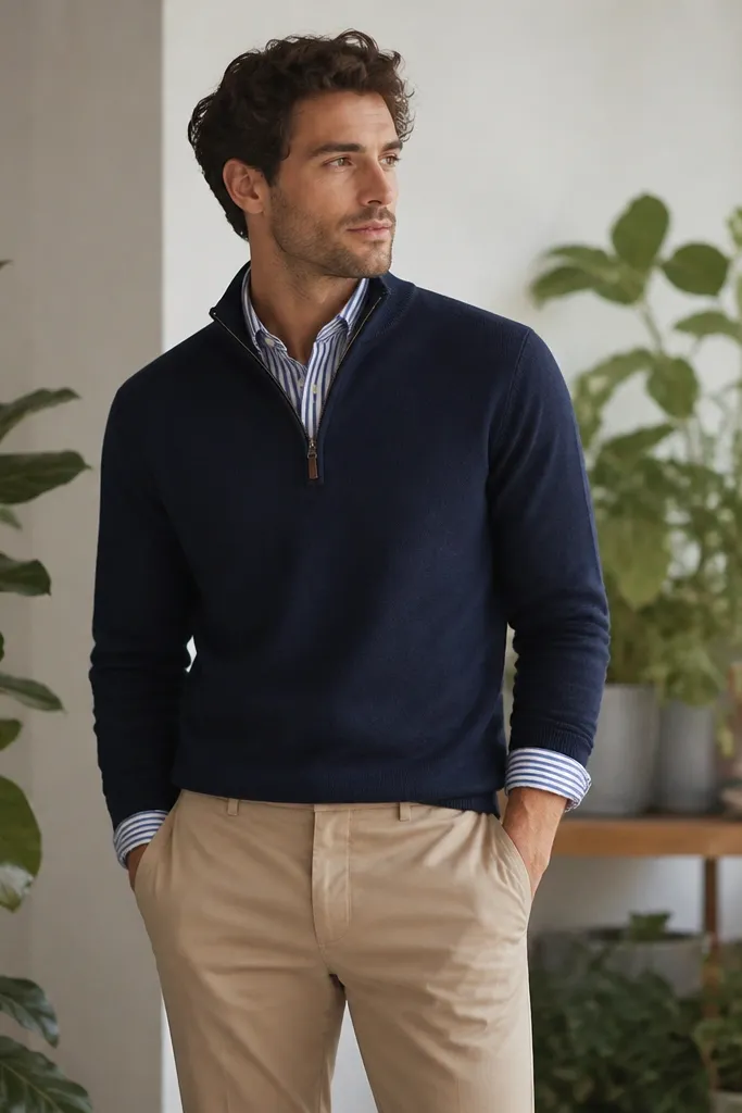 A navy quarter zip worn over a striped button-down so the stripes peek at the collar and cuffs; tan tapered pants and green plants are in the background.