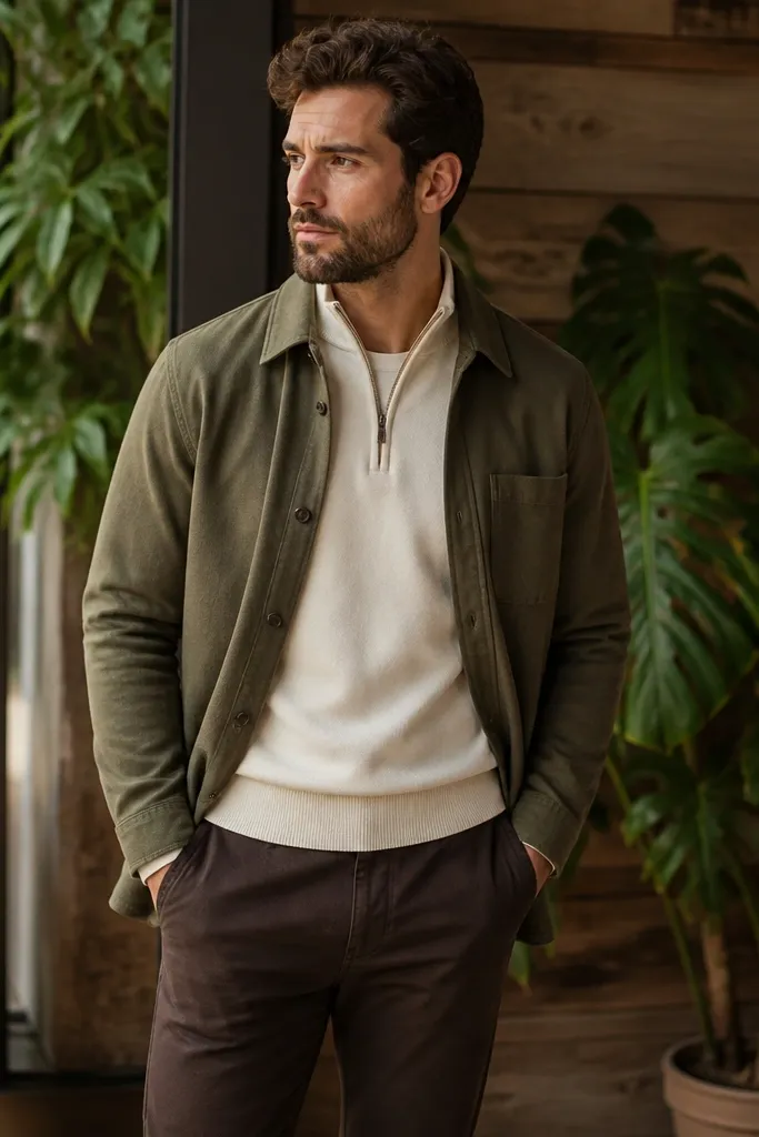 An ivory quarter zip layered with an olive overshirt and dark brown chinos; green plants and wooden textures show behind the outfit.