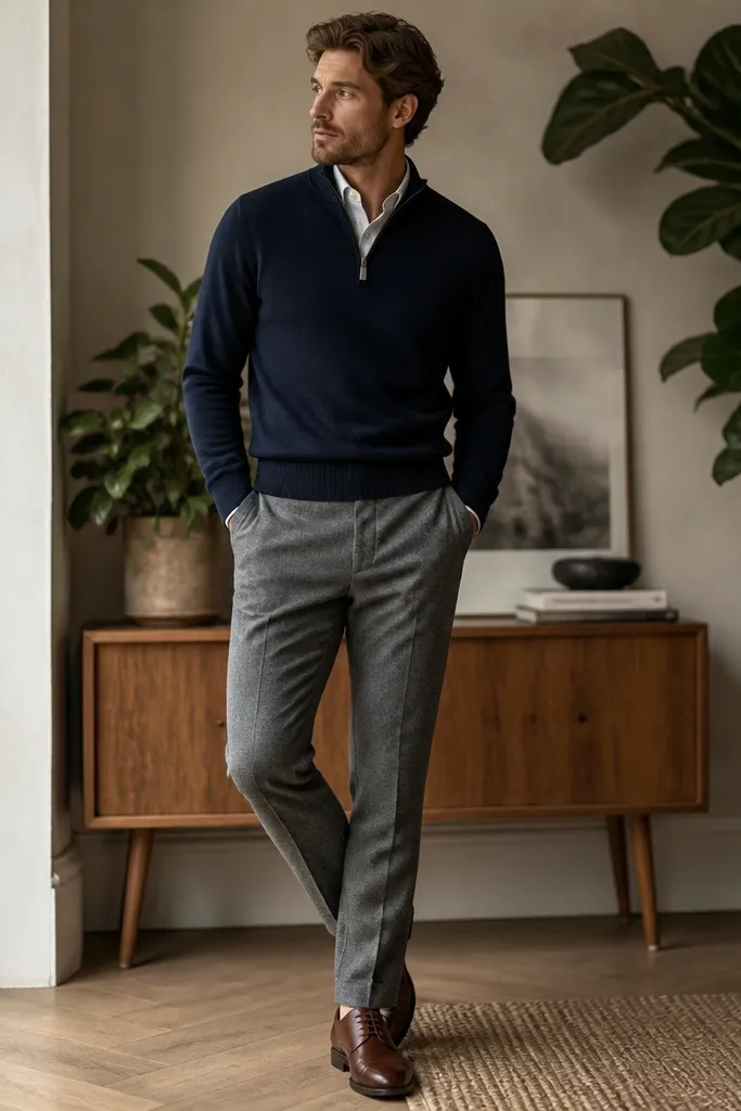 A navy quarter zip sweater paired with gray wool trousers and brown leather oxford shoes; leafy plants and an indoor setting appear behind the outfit.