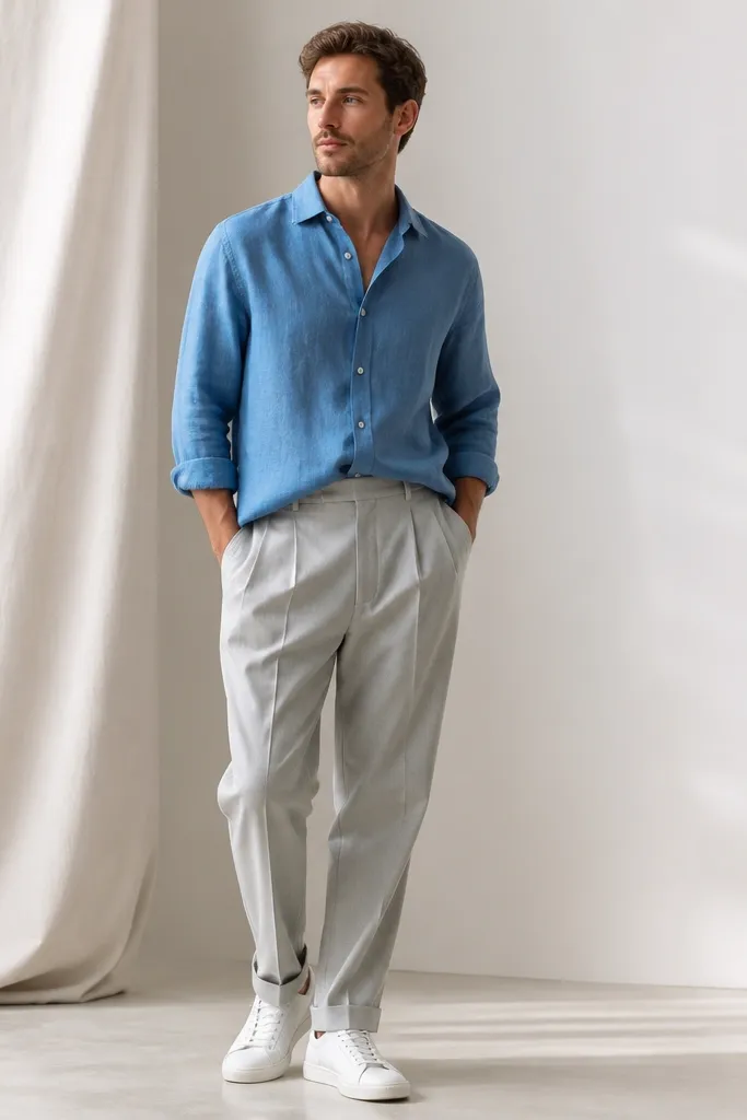 A medium blue linen shirt with a relaxed fit, sleeves rolled once, worn over light gray pleated trousers. The outfit includes white leather low-top sneakers and a minimal white belt or no belt. A clean backdrop shows the drape of the linen.