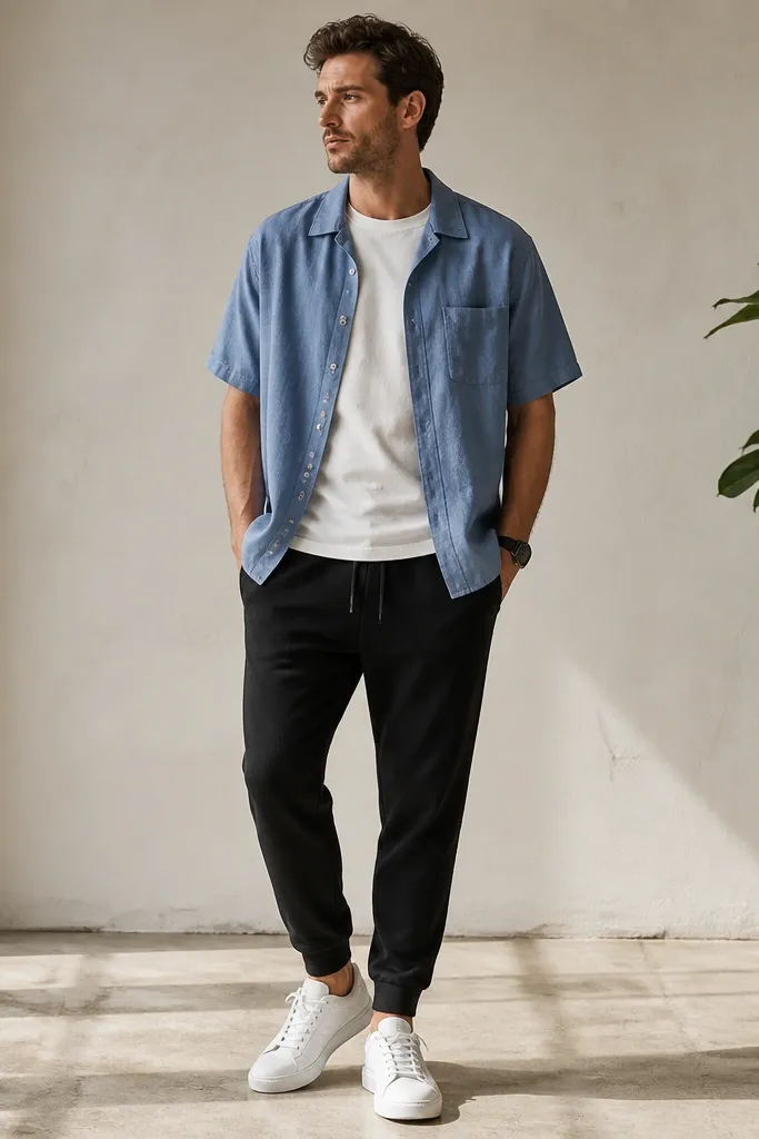 A blue linen camp-collar shirt worn open over a white tee, paired with black tapered joggers. The man wears clean white sneakers and a black watch. The photo shows the camp collar clearly and the joggers tapering at the ankle.