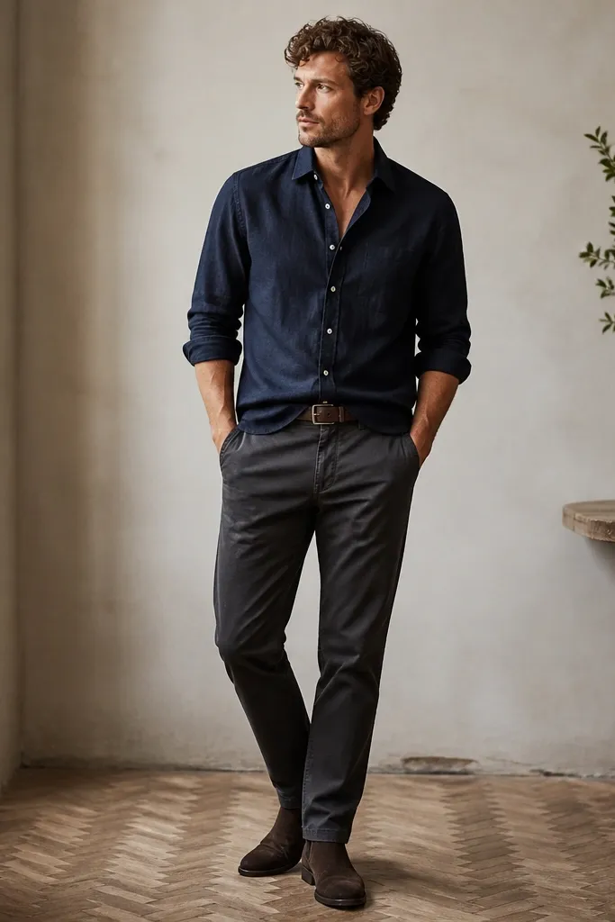A deep navy-blue linen button-down with sleeves rolled twice, worn untucked over charcoal chinos with a slight taper. The man wears dark brown suede ankle boots and a dark leather belt.