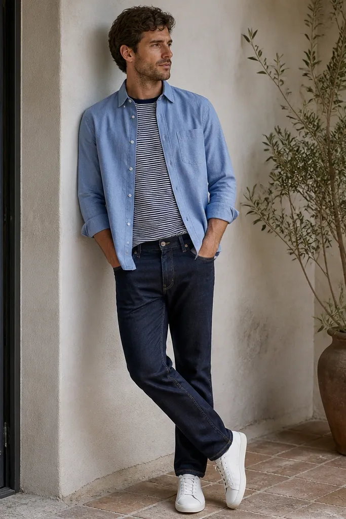 A blue linen button-up worn open over a striped knit tee (thin navy and white stripes). The man wears navy jeans and white sneakers. The blue shirt sleeves are rolled once; the collar is crisp.