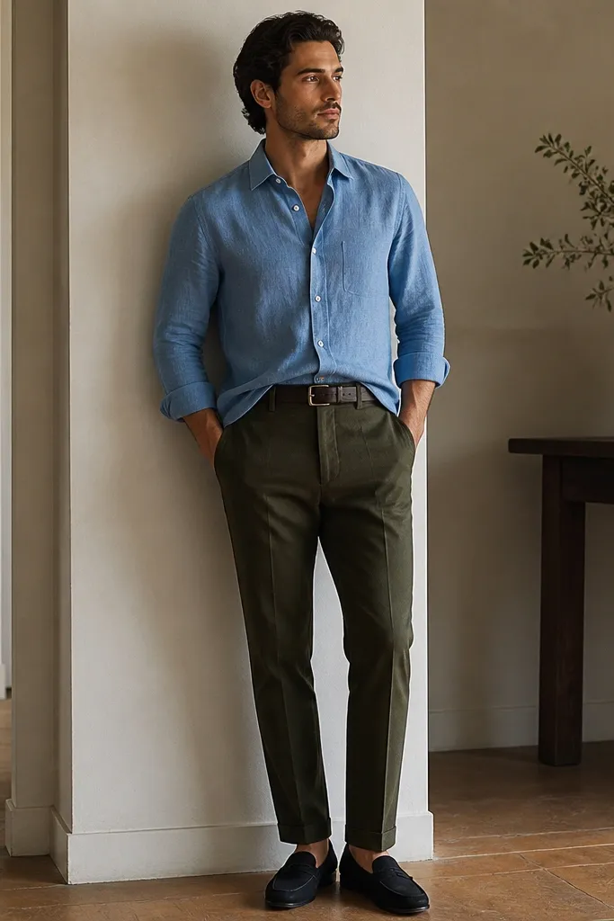 A medium blue linen shirt half-tucked into dark olive trousers, with sleeves rolled once. The man wears black suede loafers and a dark belt. The photo highlights the half-tuck at the front.
