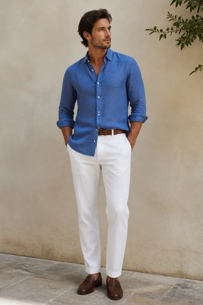 A blue linen button-down worn untucked over crisp white trousers. The sleeves are rolled once. The man wears a brown leather belt and brown leather loafers. The photo shows the clean separation between the blue shirt and white pants.