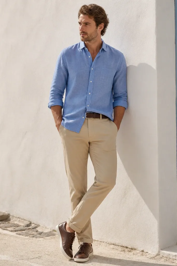A cornflower blue linen shirt with sleeves rolled once, worn untucked over tan chinos. The man wears dark brown leather sneakers and a dark brown belt. The photo shows the cornflower color clearly in daylight.