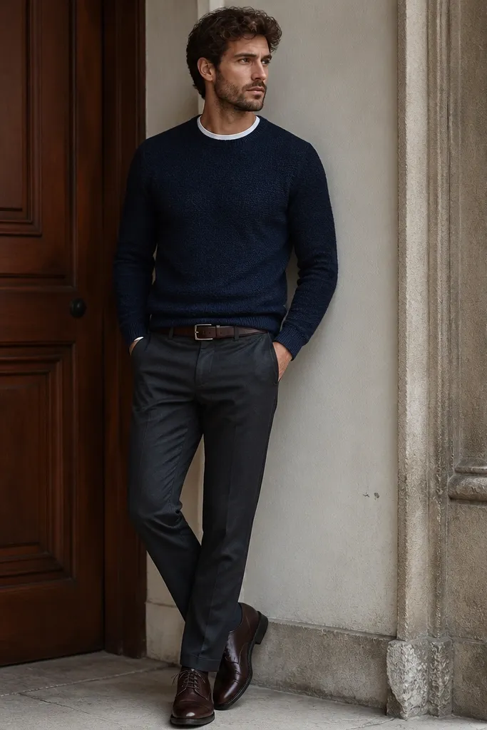 A navy heather merino crewneck sweater worn with charcoal slim chinos, a white crew t-shirt peeking at the collar, and dark brown leather lace-up shoes. The belt matches the shoes and the fit is smooth at the shoulders.