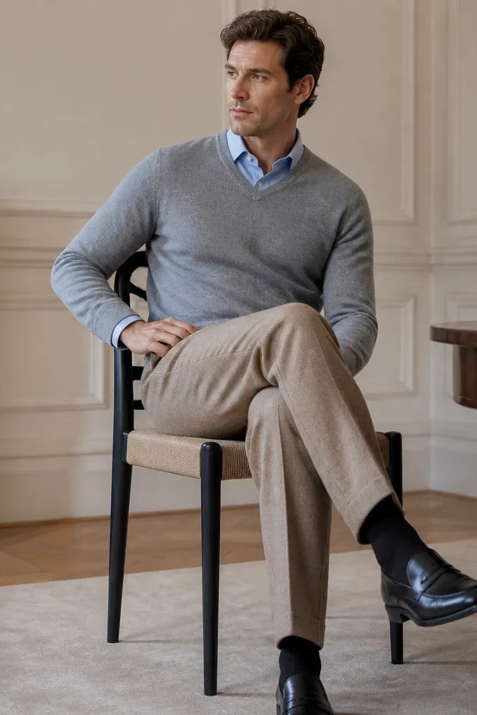 A heather gray V-neck sweater layered over a light blue dress shirt. The shirt collar is open, the V shows just enough shirt placket, and the outfit pairs with tan wool trousers and black leather loafers.