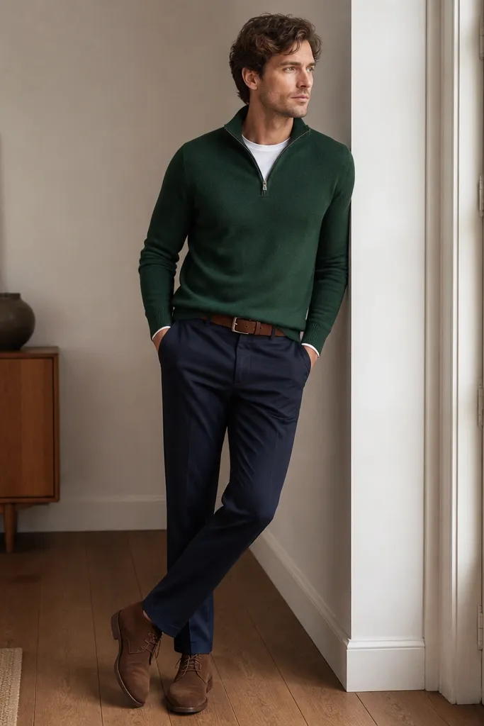 A forest green quarter-zip sweater worn over a white crewneck shirt, zipped about halfway. It's paired with navy tailored trousers and a brown suede belt with suede desert boots.