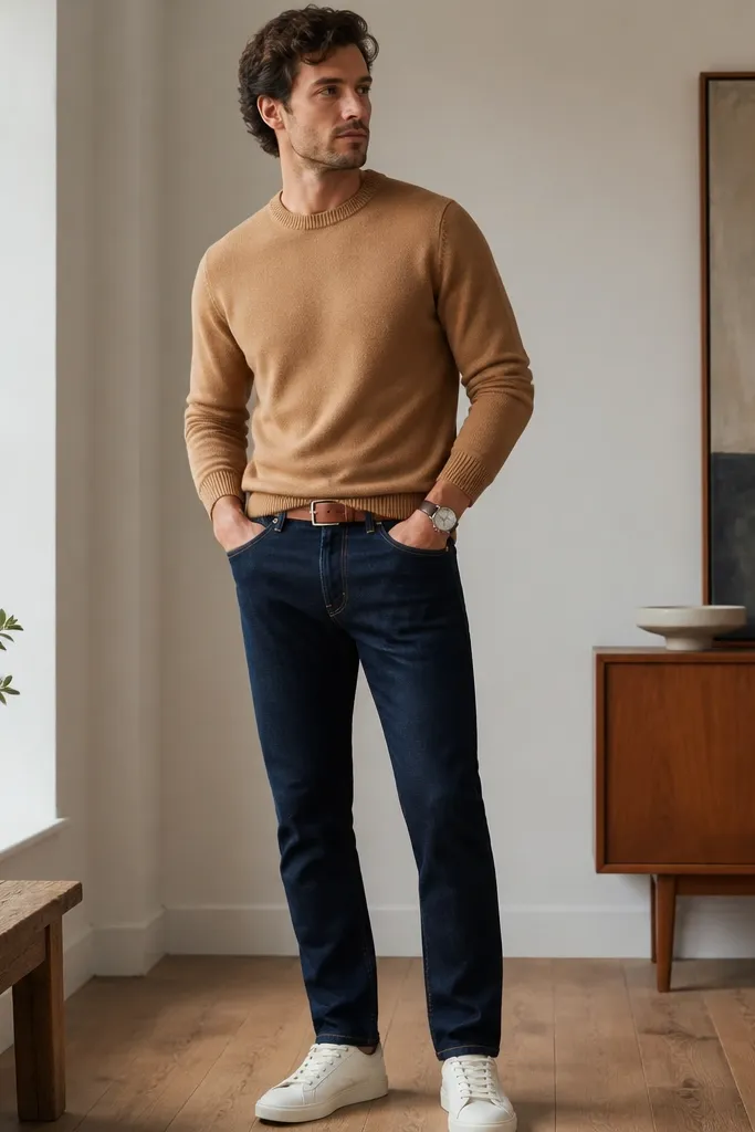 A camel crewneck sweater paired with dark indigo jeans that have a slim straight fit. The outfit includes a light brown belt, white sneakers kept clean, and a simple silver watch.