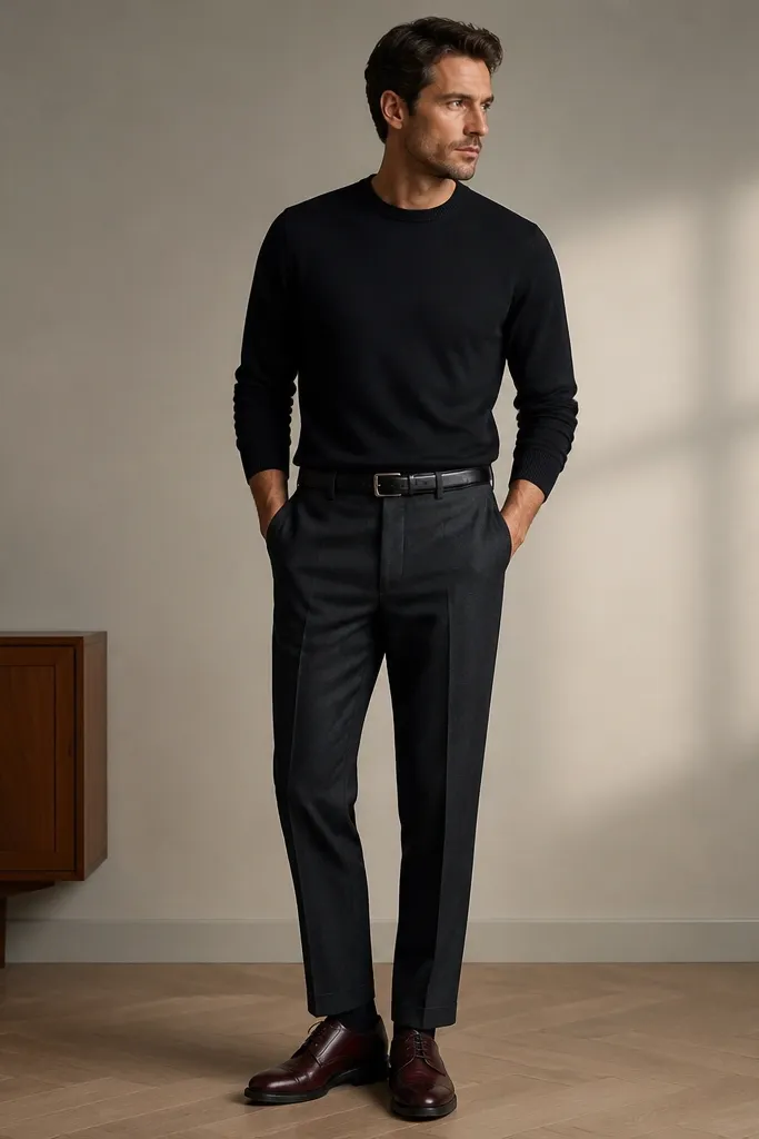 A black merino crewneck sweater with a subtle ribbed collar, paired with charcoal wool trousers. The look includes a black leather belt, oxblood leather derby shoes, and socks in charcoal.