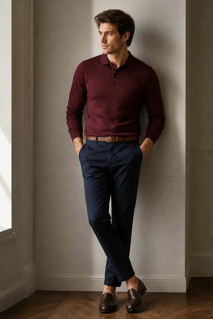 A burgundy knit polo sweater with a ribbed collar and three-button placket. It's worn with navy chinos, tan belt, and dark brown leather loafers.