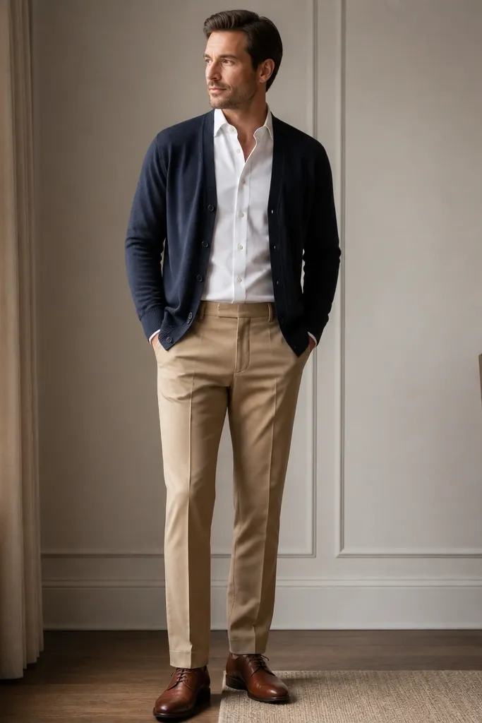 A navy cardigan worn open over a white Oxford cloth button-down. The sleeves sit neatly, the cardigan has clean buttons, and the outfit pairs with tan dress slacks and brown leather lace-ups.