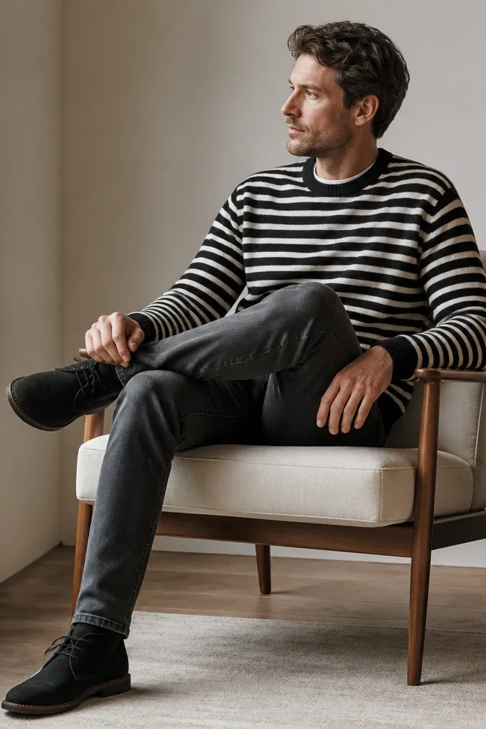 A black and white horizontal striped sweater worn with charcoal slim jeans. A white pocket tee peeks at the collar, and the shoes are black suede chukkas.