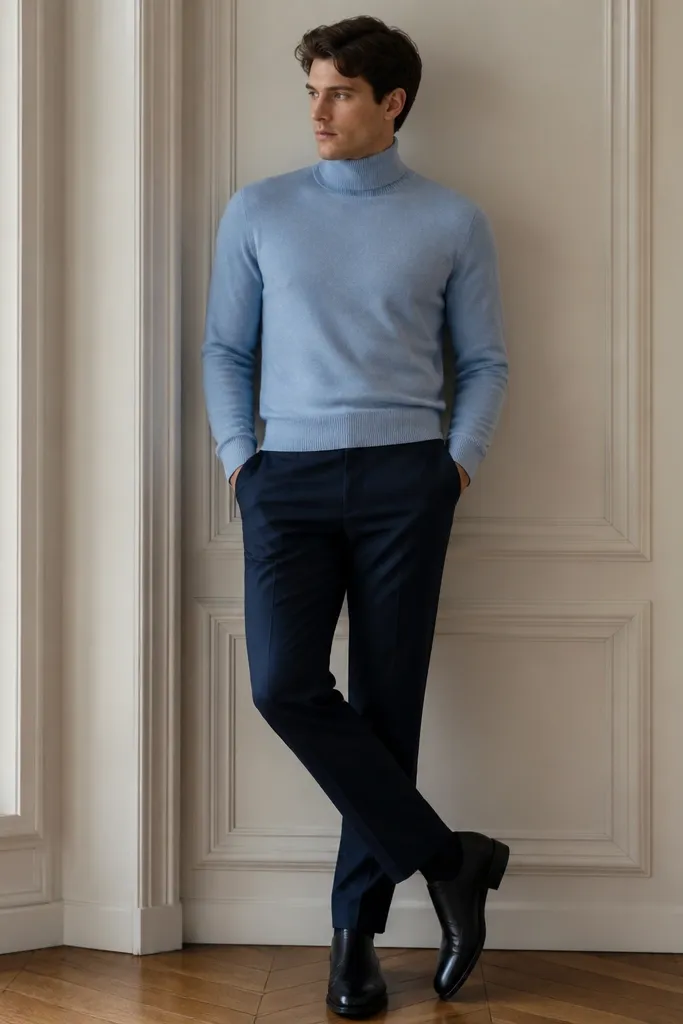 A light blue knit turtleneck sweater with a slim neck roll, paired with navy wool trousers and black leather shoes. The turtleneck fits close at the neck and the sleeves are neat at the wrist.