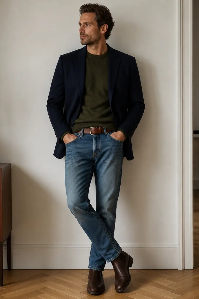 An olive crewneck sweater layered under a navy blazer, worn with medium-wash denim jeans and a brown leather belt. The shoes are dark brown boots and the shirt collar is hidden.