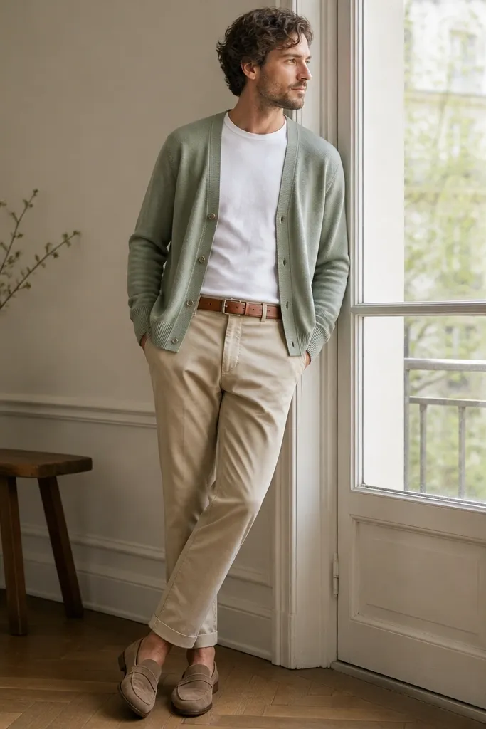 A sage green cardigan worn open over a white crew tee, paired with khaki chinos. The belt is tan leather, shoes are light brown suede loafers, and the outfit looks airy and light.