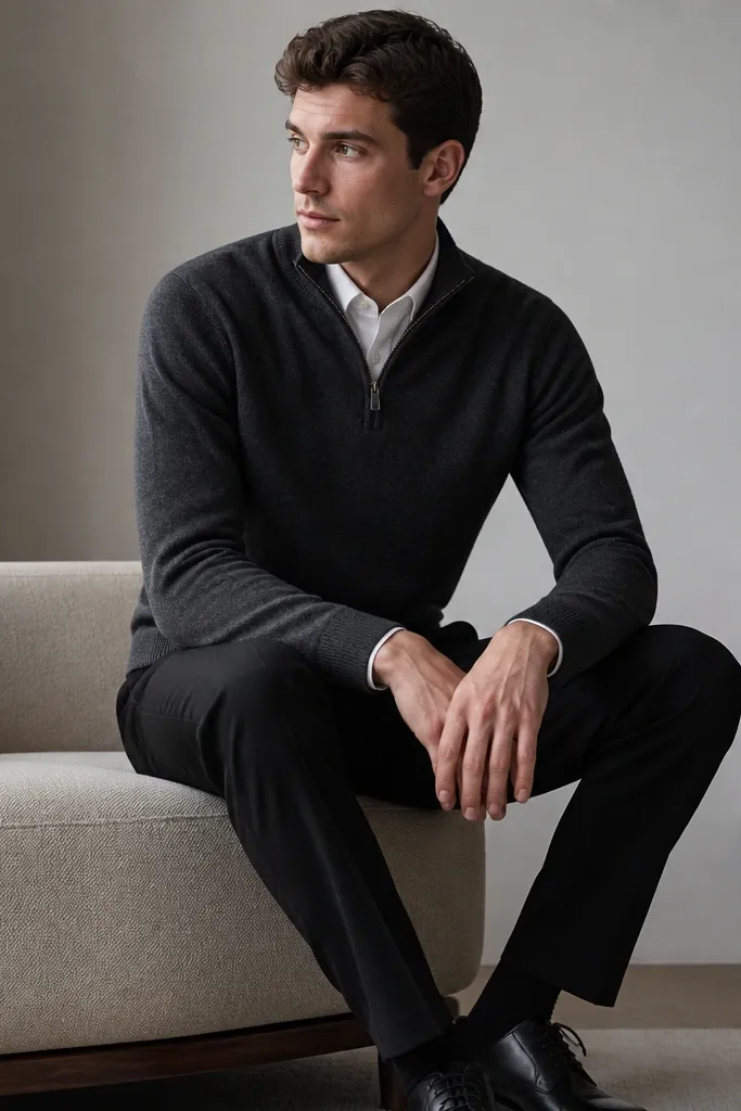 A charcoal quarter-zip sweater over a crisp white dress shirt, zipped to the top. It's paired with black trousers and black leather oxfords.