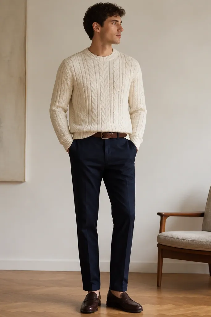 A cream cable-knit crewneck sweater with visible cable texture, worn with navy chinos and a brown belt. The shoes are dark brown leather loafers and the shirt collar is not visible.