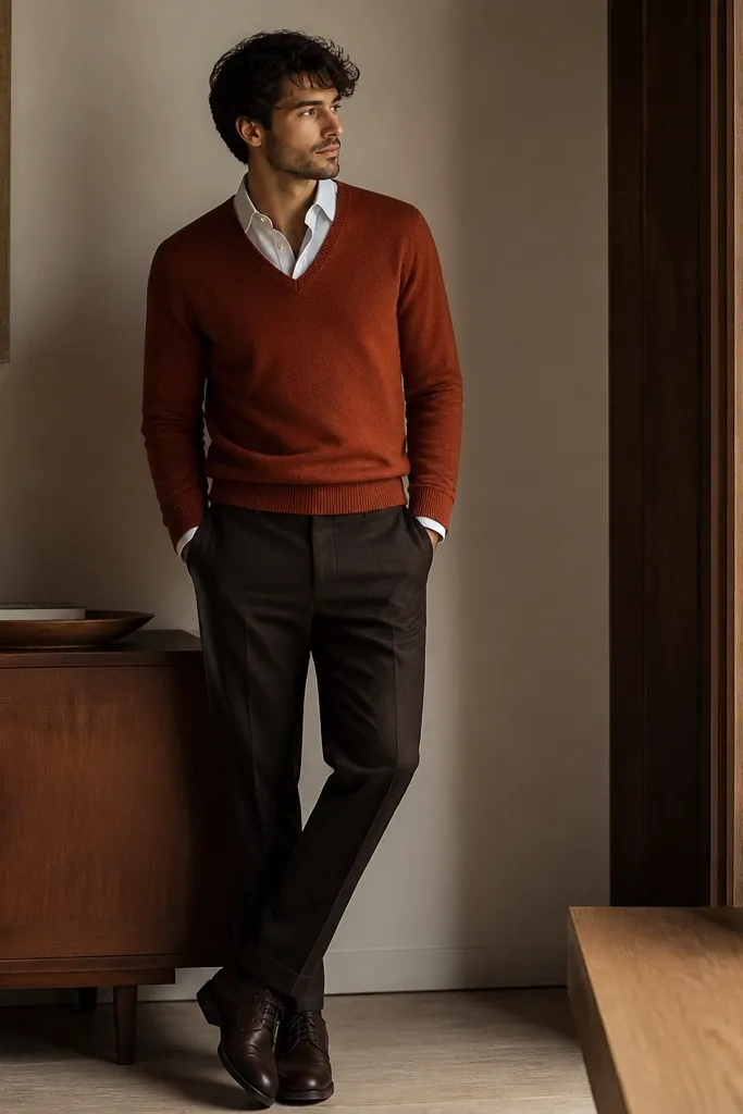 A rust V-neck sweater layered over a white Oxford button-down, with the shirt collar open. It pairs with dark brown or deep charcoal trousers and leather derby shoes.